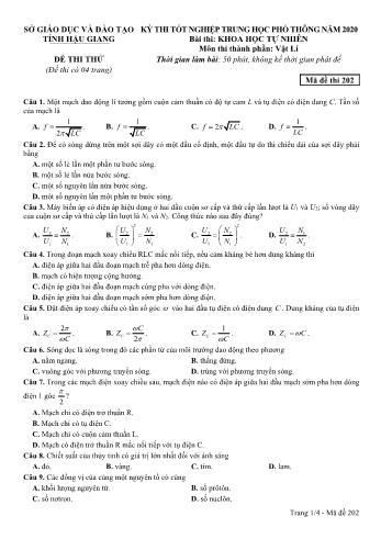 Đề thi thử Tốt nghiệp THPT môn Vật lý năm 2020 - Mã đề: 202 - Sở GD&ĐT Hậu Giang (Kèm đáp án)