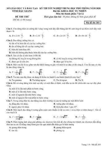 Đề thi thử Tốt nghiệp THPT môn Vật lý năm 2020 - Mã đề: 203 - Sở GD&ĐT Hậu Giang (Kèm đáp án)