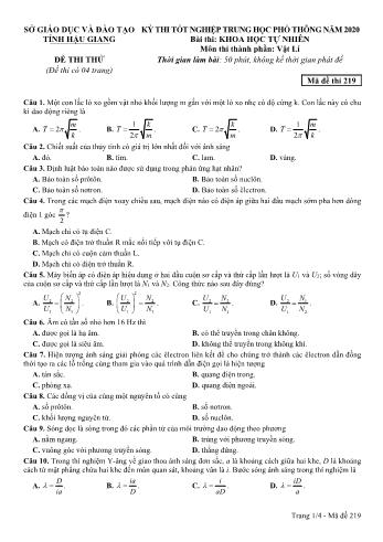 Đề thi thử Tốt nghiệp THPT môn Vật lý năm 2020 - Mã đề: 219 - Sở GD&ĐT Hậu Giang (Kèm đáp án)