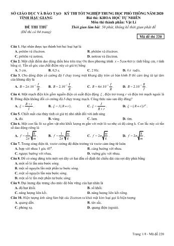 Đề thi thử Tốt nghiệp THPT môn Vật lý năm 2020 - Mã đề: 220 - Sở GD&ĐT Hậu Giang (Kèm đáp án)