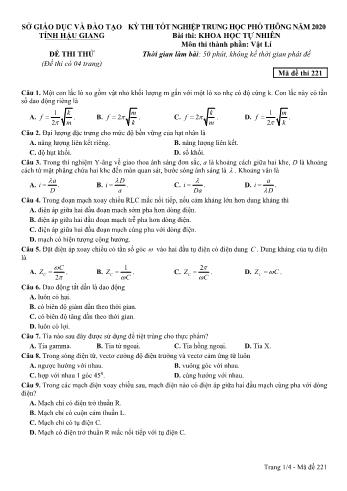 Đề thi thử Tốt nghiệp THPT môn Vật lý năm 2020 - Mã đề: 221 - Sở GD&ĐT Hậu Giang (Kèm đáp án)