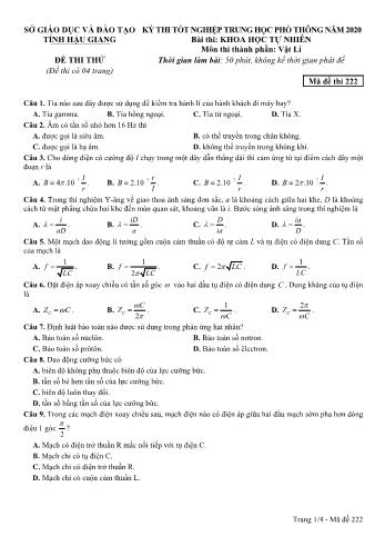 Đề thi thử Tốt nghiệp THPT môn Vật lý năm 2020 - Mã đề: 222 - Sở GD&ĐT Hậu Giang (Kèm đáp án)