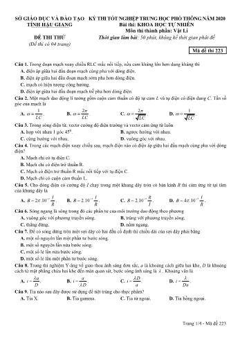 Đề thi thử Tốt nghiệp THPT môn Vật lý năm 2020 - Mã đề: 223 - Sở GD&ĐT Hậu Giang (Kèm đáp án)