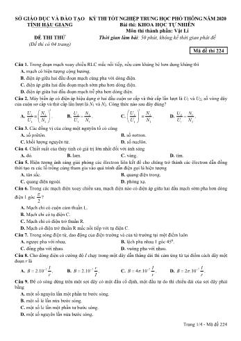 Đề thi thử Tốt nghiệp THPT môn Vật lý năm 2020 - Mã đề: 224 - Sở GD&ĐT Hậu Giang (Kèm đáp án)