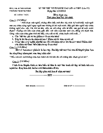 Đề thi thử tuyển sinh môn Ngữ Văn vào Lớp 10 THPT - Lần IV - Năm học 2013-2014 - Trường THCS Thị Trấn (Có đáp án)