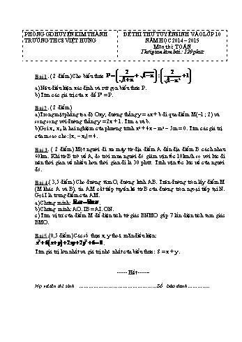 Đề thi thử tuyển sinh môn Toán vào Lớp 10 - Lần 1 - Năm học 2014-2015 - Trường THCS Việt Hưng (Có đáp án)