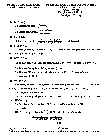 Đề thi thử tuyển sinh môn Toán vào Lớp 10 THPT - Lần 2 - Năm học 2014-2015 - Trường THCS Việt Hưng (Có đáp án)