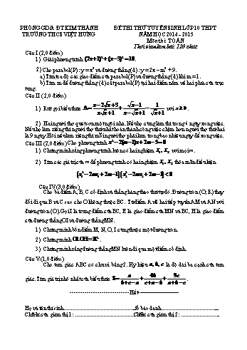 Đề thi thử tuyển sinh môn Toán vào Lớp 10 THPT - Năm học 2014-2015 - Trường THCS Việt Hưng (Có đáp án)