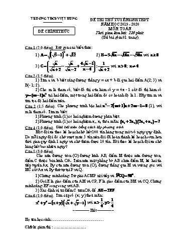 Đề thi thử tuyển sinh môn Toán vào Lớp 10 THPT - Năm học 2019-2020 - Trường THCS Việt Hưng (Có đáp án)