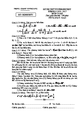 Đề thi thử tuyển sinh vào Lớp 10 THPT môn Toán Lớp 9 - Năm học 2016-2017 - Phòng GD&ĐT Bình Giang (Có đáp án)