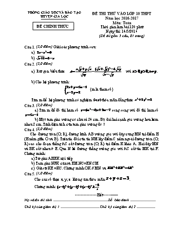 Đề thi thử vào Lớp 10 THPT môn Toán Lớp 9 - Năm học 2016-2017 - Phòng GD&ĐT Gia Lộc (Có đáp án)