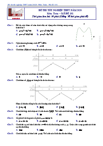 Đề thi Tốt nghiệp THPT môn Toán năm 2020 - Mã đề: 101 - Sở GD&ĐT Hậu Giang (Có đáp án)