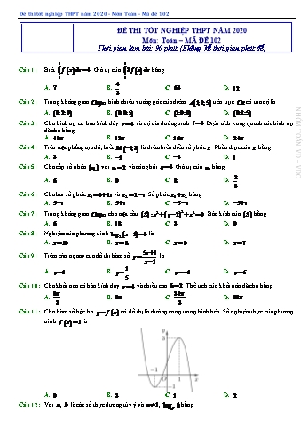 Đề thi Tốt nghiệp THPT môn Toán năm 2020 - Mã đề: 102 - Sở GD&ĐT Hậu Giang (Có đáp án)