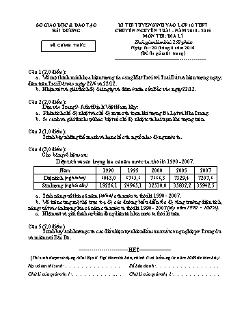 Đề thi tuyển sinh môn Địa lí vào Lớp 10 THPT Chuyên Nguyễn Trãi - Năm học 2014-2015 - Sở GD&ĐT Hải Dương (Kèm đáp án)