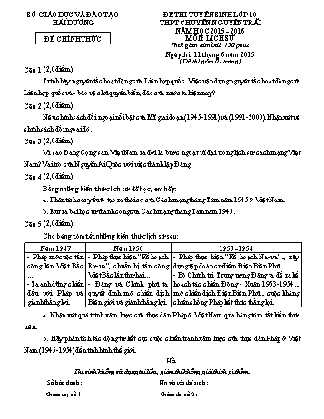 Đề thi tuyển sinh môn Lịch sử (Chuyên) vào Lớp 10 THPT Chuyên Nguyễn Trãi - Năm học 2015-2016 - Sở GD&ĐT Hải Dương (Có đáp án)