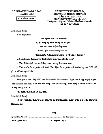 Đề thi tuyển sinh môn Ngữ Văn (Không chuyên) vào Lớp 10 THPT Chuyên Nguyễn Trãi - Năm học 2014-2015 - Sở GD&ĐT Hải Dương (Có đáp án)