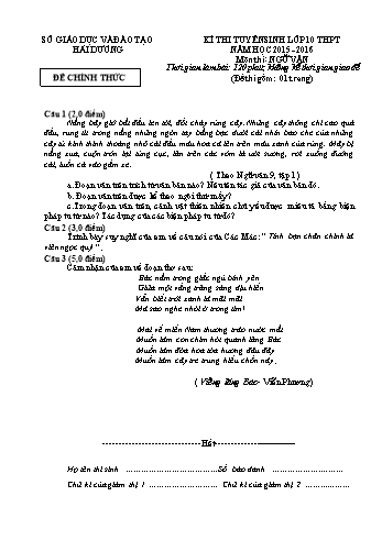 Đề thi tuyển sinh môn Ngữ Văn (Không chuyên) vào Lớp 10 THPT - Năm học 2015-2016 - Sở GD&ĐT Hải Dương (Có đáp án)