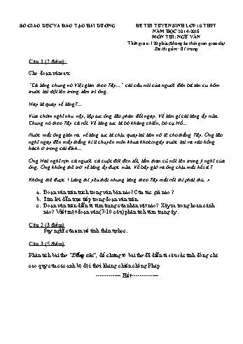 Đề thi tuyển sinh môn Ngữ Văn vào Lớp 10 THPT - Năm học 2014-2015 - Sở GD&ĐT Hải Dương (Có đáp án)