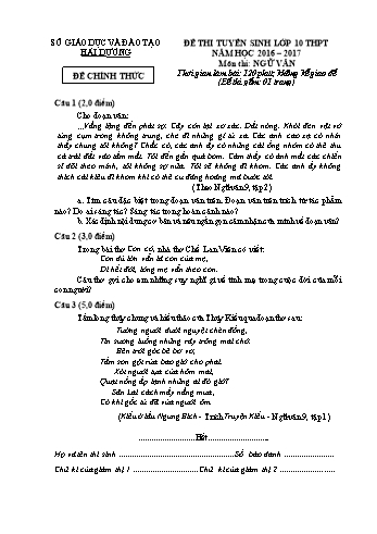 Đề thi tuyển sinh môn Ngữ Văn vào Lớp 10 THPT - Năm học 2016-2017 - Sở GD&ĐT Hải Dương (Có đáp án)