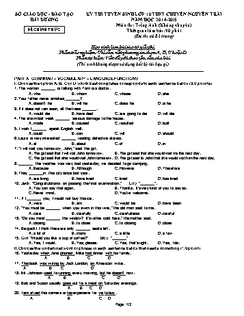 Đề thi tuyển sinh môn Tiếng Anh (Không chuyên) vào Lớp 10 THPT Chuyên Nguyễn Trãi - Năm học 2014-2015 - Sở GD&ĐT Hải Dương (Kèm đáp án)