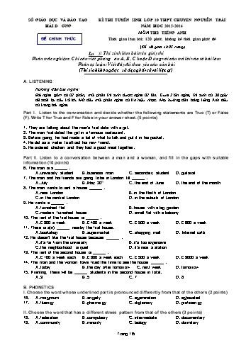 Đề thi tuyển sinh môn Tiếng Anh vào Lớp 10 THPT Chuyên Nguyễn Trãi - Năm học 2015-2016 - Sở GD&ĐT Hải Dương (Kèm đáp án)