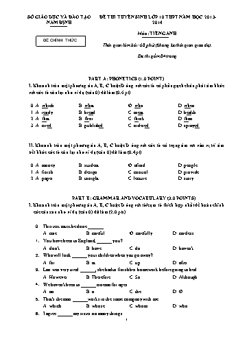 Đề thi tuyển sinh môn Tiếng Anh vào Lớp 10 THPT - Năm học 2013-2014 - Sở GD&ĐT Nam Định