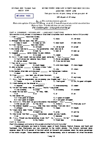 Đề thi tuyển sinh môn Tiếng Anh vào Lớp 10 THPT - Năm học 2015-2016 - Sở GD&ĐT Hải Dương (Kèm đáp án)