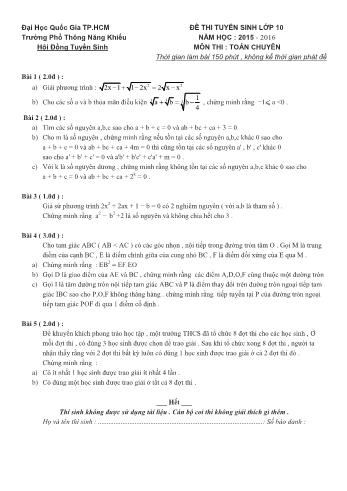 Đề thi tuyển sinh môn Toán (Chuyên) vào Lớp 10 - Năm học 2015-2016 - Trường Phổ Thông Năng Khiếu (Có đáp án)