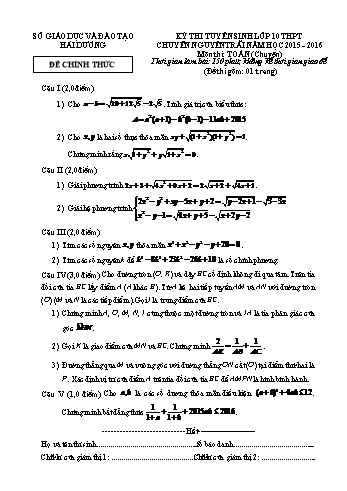 Đề thi tuyển sinh môn Toán (Chuyên) vào Lớp 10 THPT Chuyên Nguyễn Trãi - Năm học 2015-2016 - Sở GD&ĐT Hải Dương (Có đáp án)