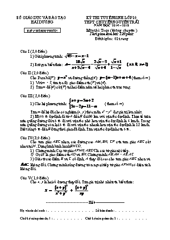 Đề thi tuyển sinh môn Toán (Không chuyên) vào Lớp 10 THPT Chuyên Nguyễn Trãi - Năm học 2014-2015 - Sở GD&ĐT Hải Dương (Có đáp án)