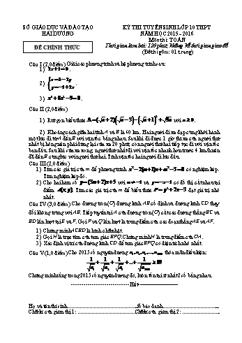 Đề thi tuyển sinh môn Toán vào Khối 10 THPT - Năm học 2015-2016 - Sở GD&ĐT Hải Dương (Có đáp án)