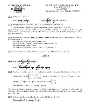 Đề thi tuyển sinh môn Toán vào Lớp 10 THPT - Mã đề: 2 - Năm học 2015-2016 - Sở GD&ĐT Hà Tĩnh (Có đáp án)