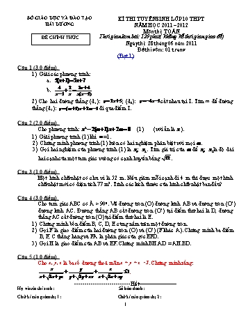 Đề thi tuyển sinh môn Toán vào Lớp 10 THPT - Năm học 2011-2012 - Sở GD&ĐT Hải Dương (Có đáp án)