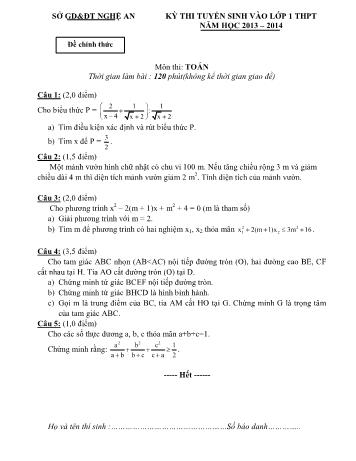 Đề thi tuyển sinh môn Toán vào Lớp 10 THPT - Năm học 2013-2014 - Sở GD&ĐT Nghệ An (Có đáp án)