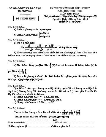 Đề thi tuyển sinh môn Toán vào Lớp 10 THPT - Năm học 2014-2015 - Sở GD&ĐT Hải Dương (Có đáp án)