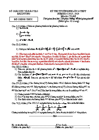 Đề thi tuyển sinh môn Toán vào Lớp 10 THPT - Năm học 2015-2016 - Sở Giáo dục và Đào tạo Hải Dương (Có đáp án)