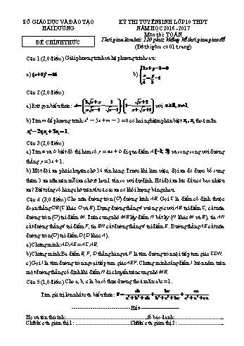 Đề thi tuyển sinh môn Toán vào Lớp 10 THPT - Năm học 2016-2017 - Sở GD&ĐT Hải Dương (Có đáp án)