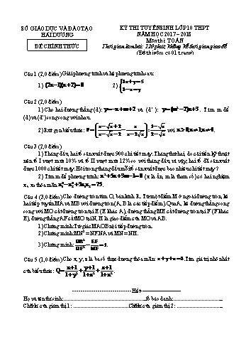 Đề thi tuyển sinh môn Toán vào Lớp 10 THPT - Năm học 2017-2018 - Sở GD&ĐT Hải Dương (Có đáp án)