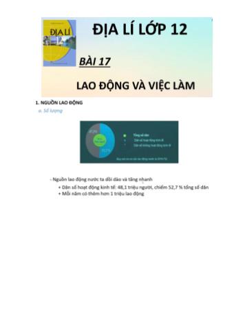 Giáo án Địa lí Lớp 12 - Bài 17: Lao động và việc làm