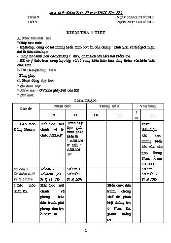 Giáo án Lịch sử Lớp 9 - Tiết 9: Kiểm tra 1 tiết - Năm học 2012-2013 - Đặng Phong Trần