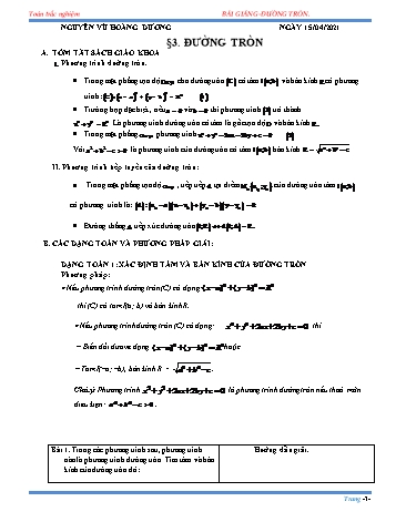 Bài tập ôn tập môn Hình học Lớp 10 - Chương 3 - Bài 3: Đường tròn - Năm học 2020-2021 - Nguyễn Vũ Hoàng Dương