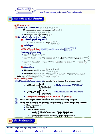 Bài tập ôn tập môn Toán Lớp 12 - Chuyên đề 13: Phương trình, bất phương trình mũ - Năm học 2021-2022 (Kèm đáp án)
