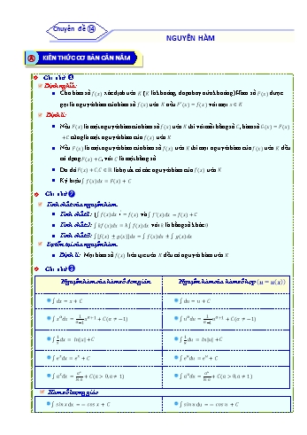 Bài tập ôn tập môn Toán Lớp 12 - Chuyên đề 14: Nguyên hàm - Năm học 2021-2022 (Kèm đáp án)