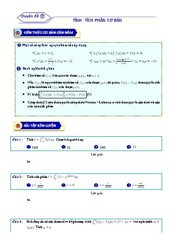 Bài tập ôn tập môn Toán Lớp 12 - Chuyên đề 17: Tính tích phân cơ bản - Năm học 2021-2022 (Kèm đáp án)