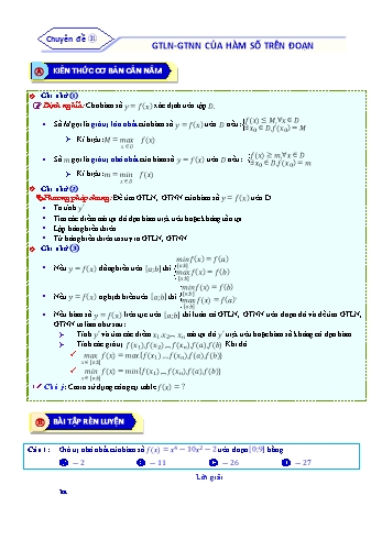 Bài tập ôn tập môn Toán Lớp 12 - Chuyên đề 31: GTLN-GTNN của hàm số trên đoạn - Năm học 2021-2022 (Kèm đáp án)