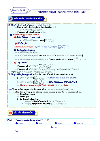 Bài tập ôn tập môn Toán Lớp 12 - Chuyên đề 32: Phương trình, bất phương trình mũ - Năm học 2021-2022 (Kèm đáp án)