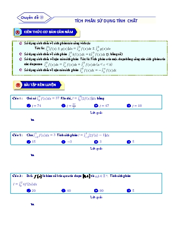 Bài tập ôn tập môn Toán Lớp 12 - Chuyên đề 33: Tích phân sử dụng tính chất - Năm học 2021-2022 (Kèm đáp án)