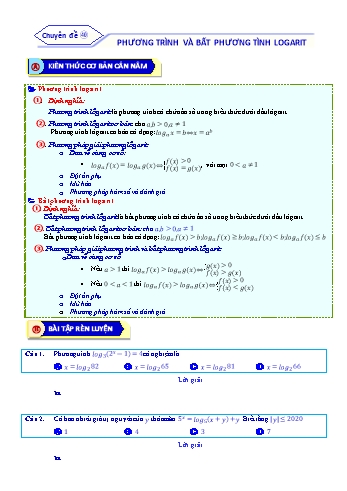 Bài tập ôn tập môn Toán Lớp 12 - Chuyên đề 40: Phương trình và bất phương trình Logarit - Năm học 2021-2022 (Kèm đáp án)