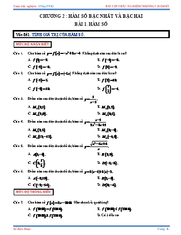 Bài tập trắc nghiệm môn Đại số Lớp 10 - Chương 2 - Bài 1: Hàm số (Kèm đáp án)