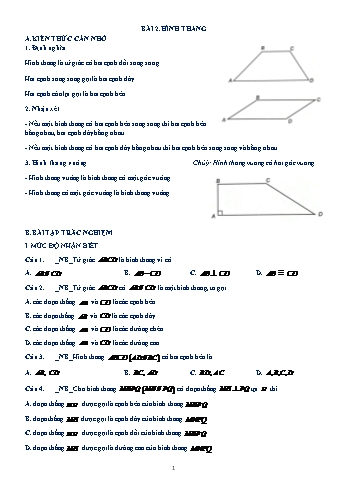 Bài tập trắc nghiệm môn Hình học Lớp 8 - Chương 1 - Bài 2: Hình thang (Có đáp án)